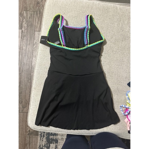 Zilcremo Swimdress Women L Black NEW Tummy Control Neon Trim Side Tie Ribbed - Picture 2 of 7
